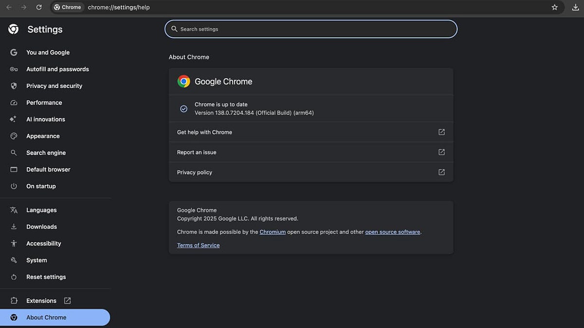 Screenshot of Google Chrome menu