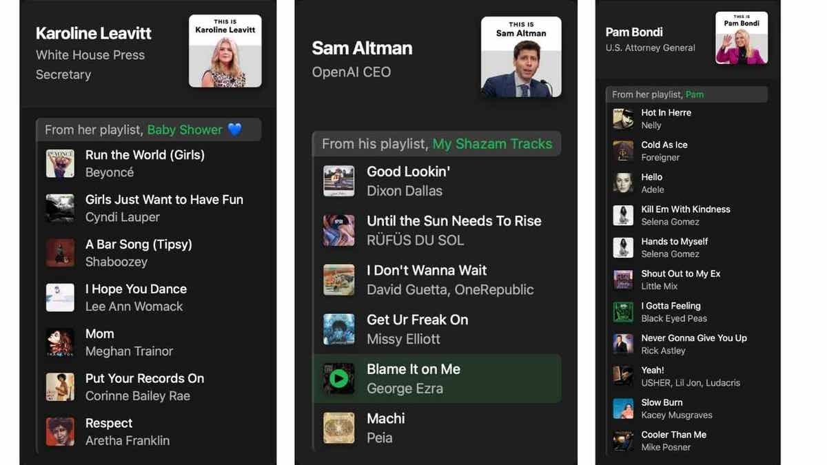 screenshot of playlist for Karoline Leavitt, Sam Altman and Pam Bondi