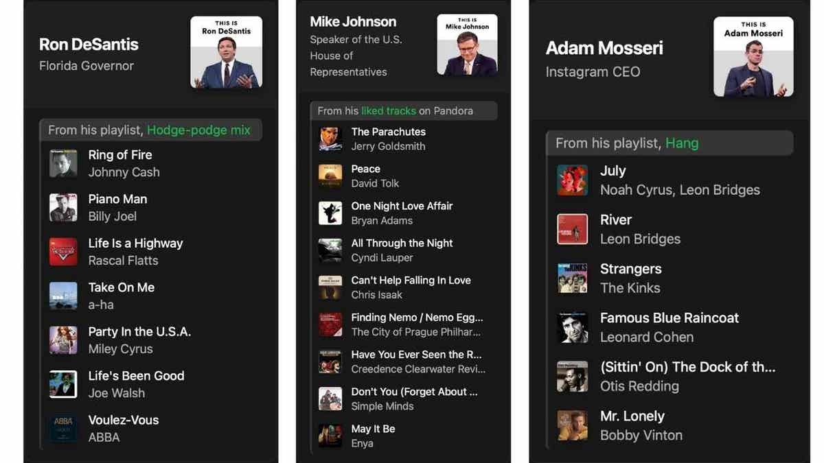 screenshot of playlist for Ron DeSantis, Mike Johnson and Adam Mosseri