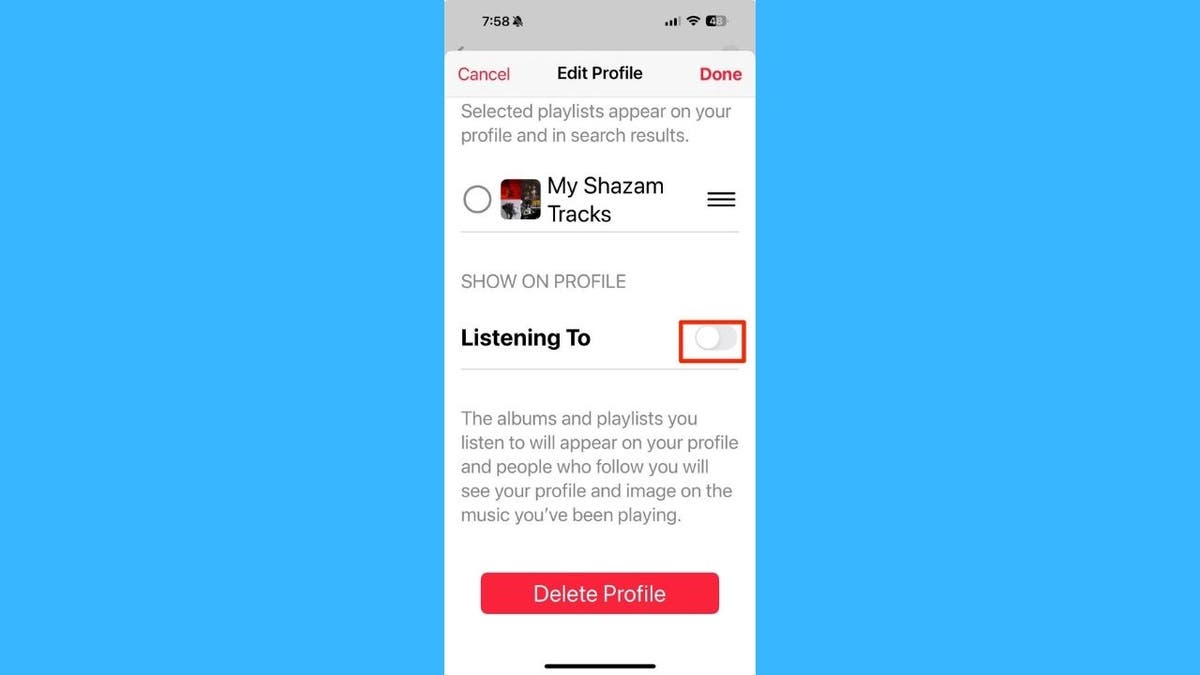screenshot of settings on how to stop sharing apple music listening activity