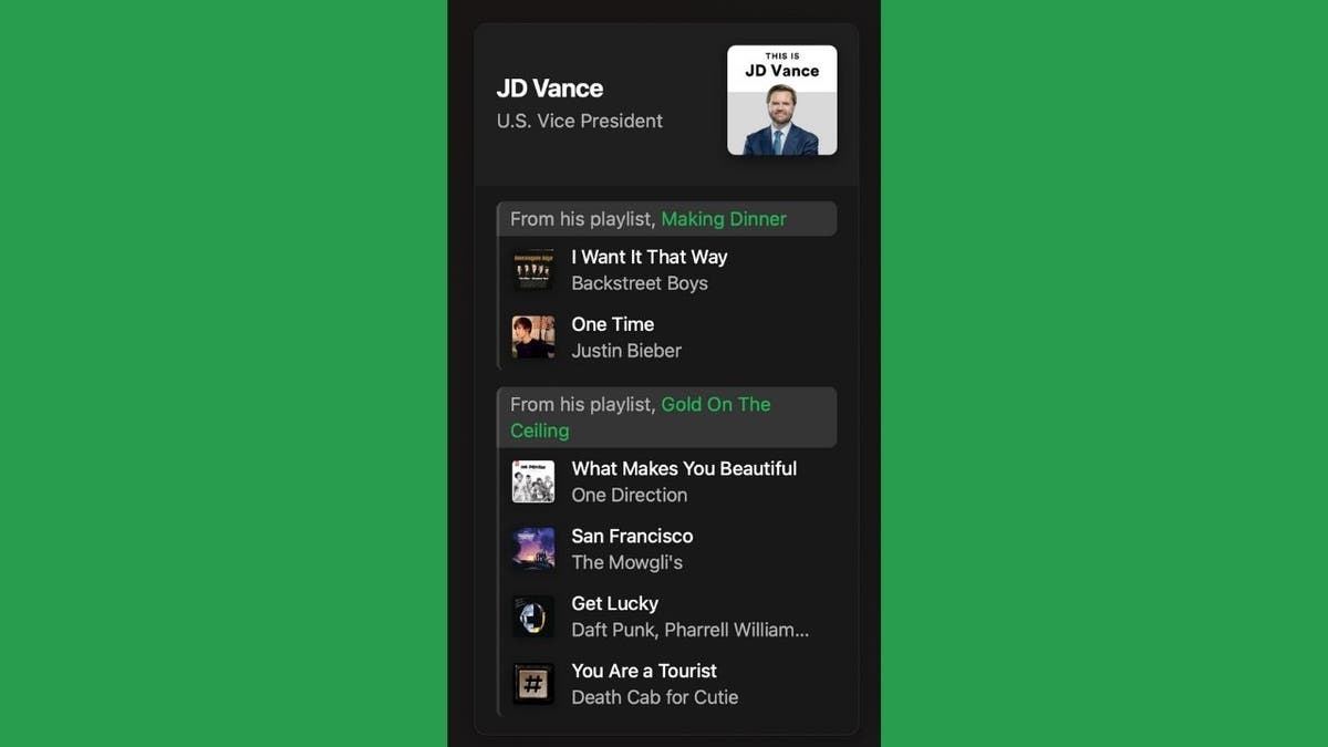 screenshot of playlist for Vice President JD Vance