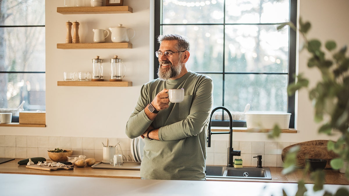 Man stands against his kitchen counter sipping coffee and smiling