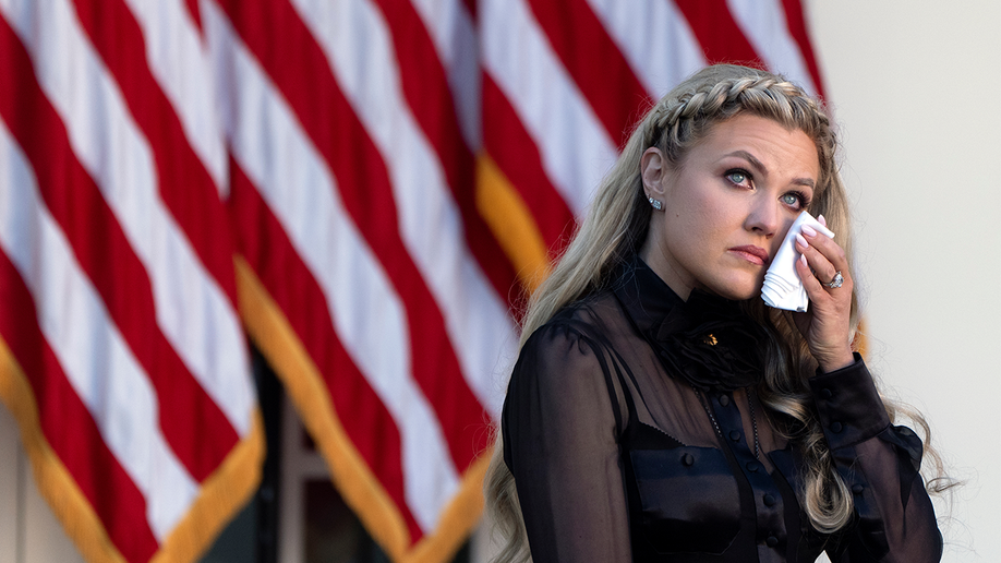 Erika Kirk appears emotional after President Donald Trump posthumously awarded the Presidential Medal of Freedom to her late husband Charlie Kirk.