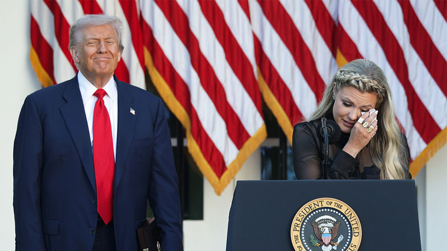 Erika Kirk speaks during the ceremony.