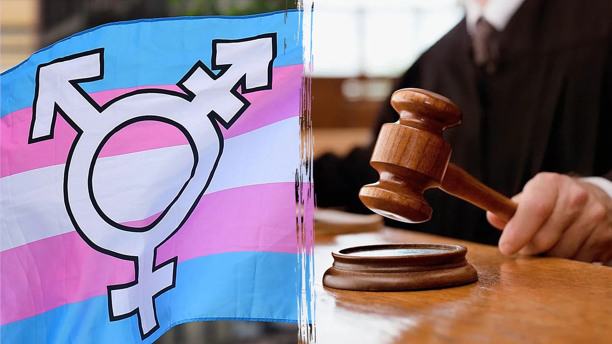 Judge's gavel next to transgender rights flag