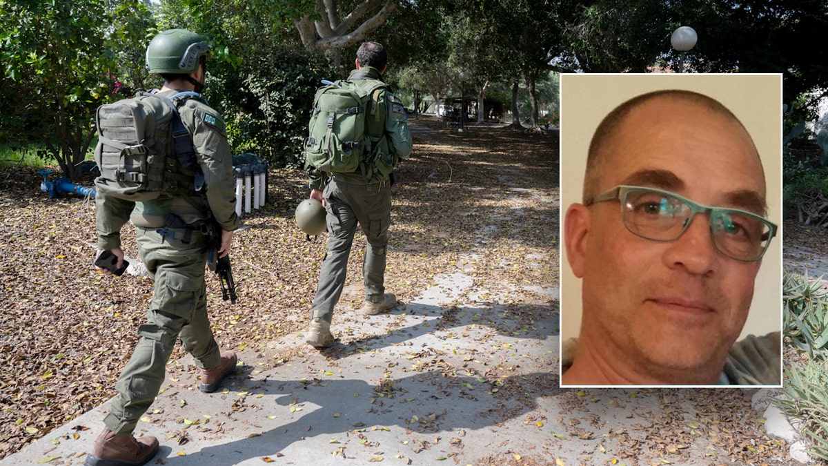 Israeli soldiers walking through Kibbutz Nir Yitzhak and hostage Lior Rudaeff