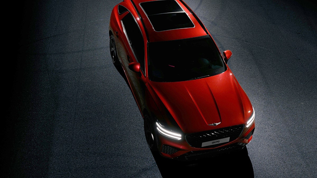 A red Hyundai automobile