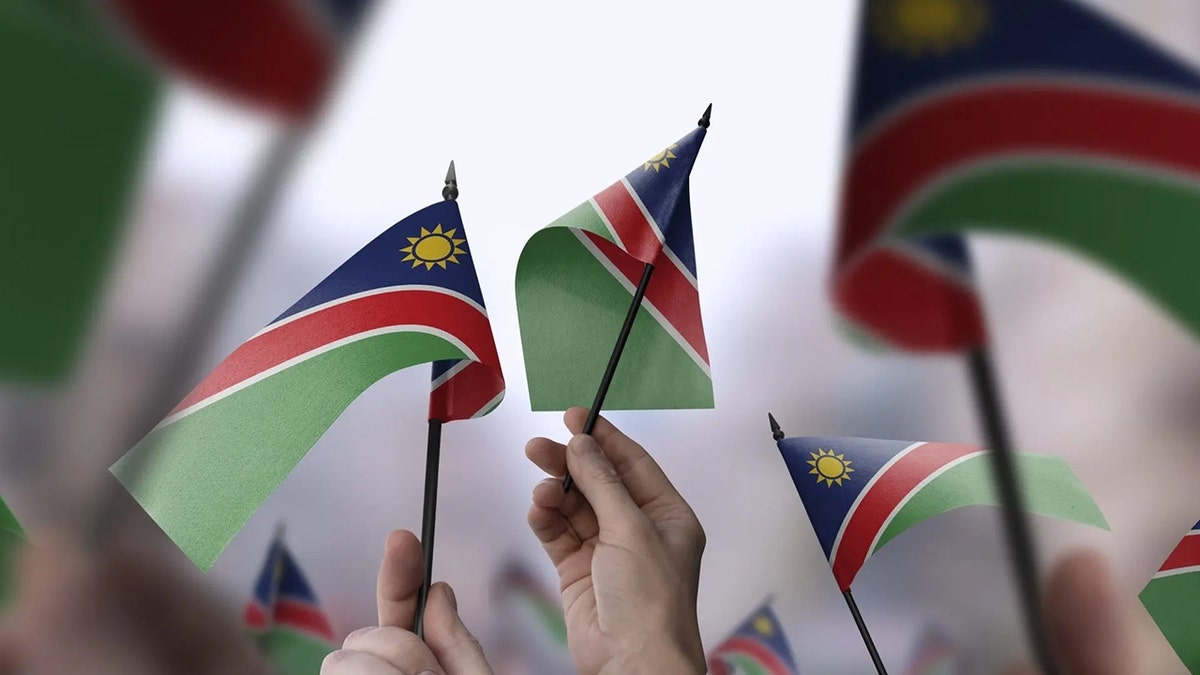 People wave Namibia’s national flags.