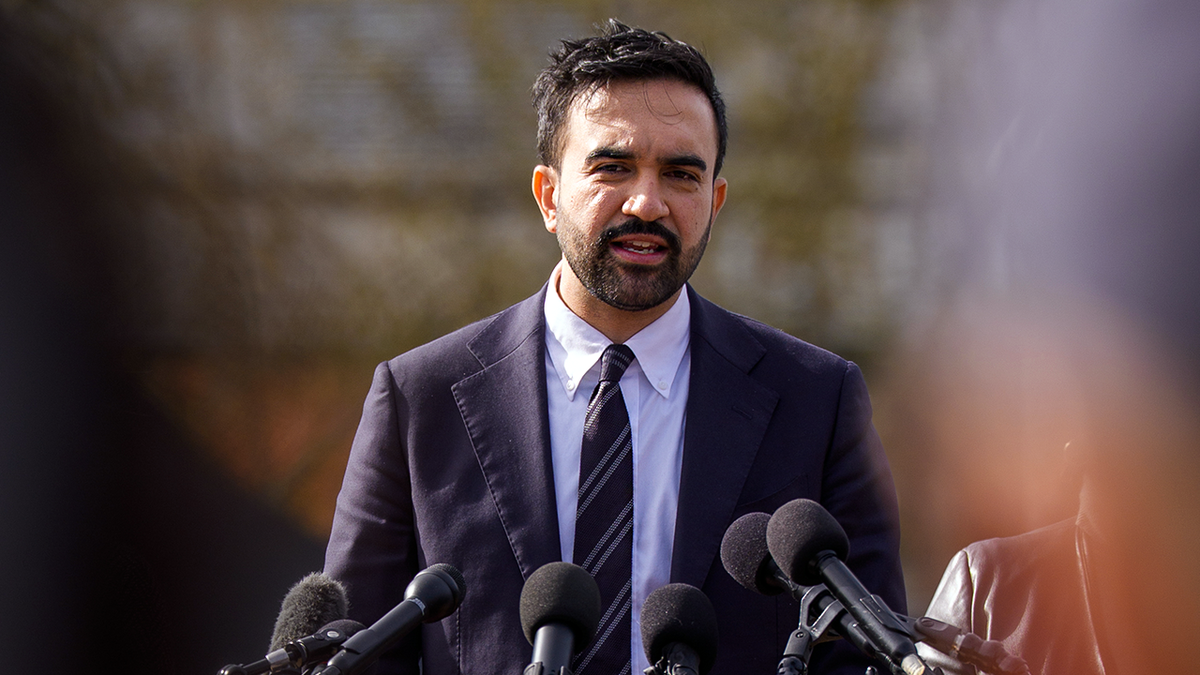 Zohran Mamdani speaking to the press.