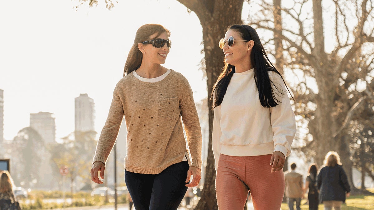 Two women walking together in a park on a sunny day, smiling and talking while enjoying an outdoor stroll.
