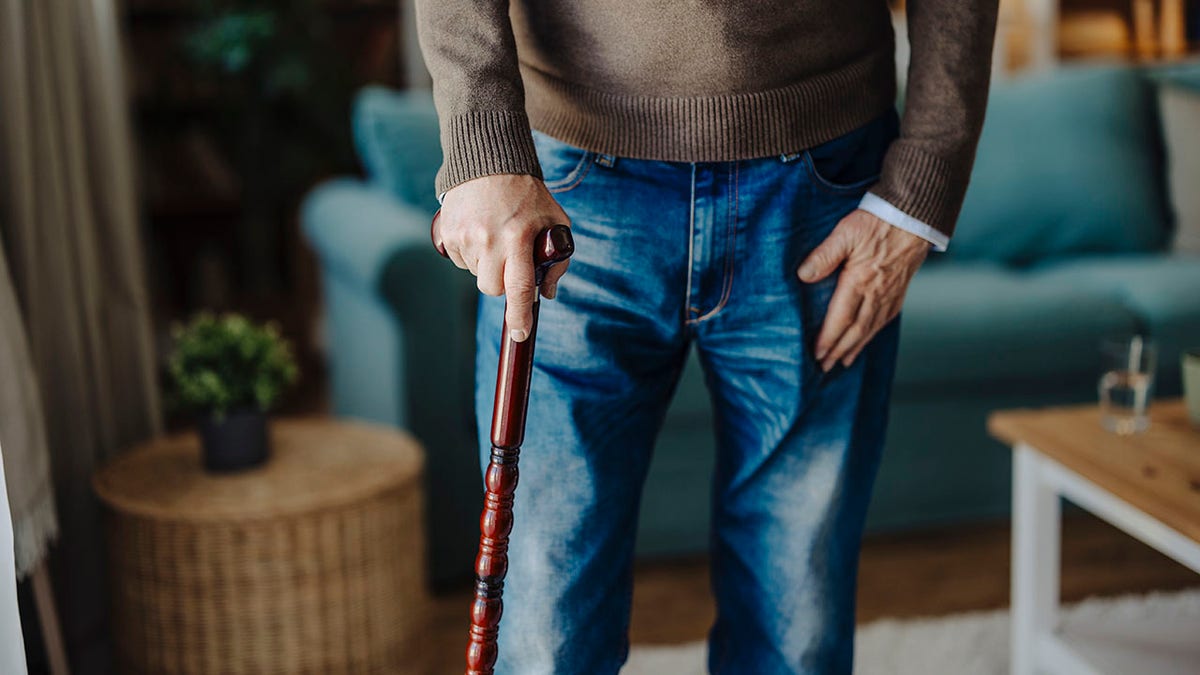 Close-up on elderly person walking with wooden cane, only half their torso and above the knees shown.