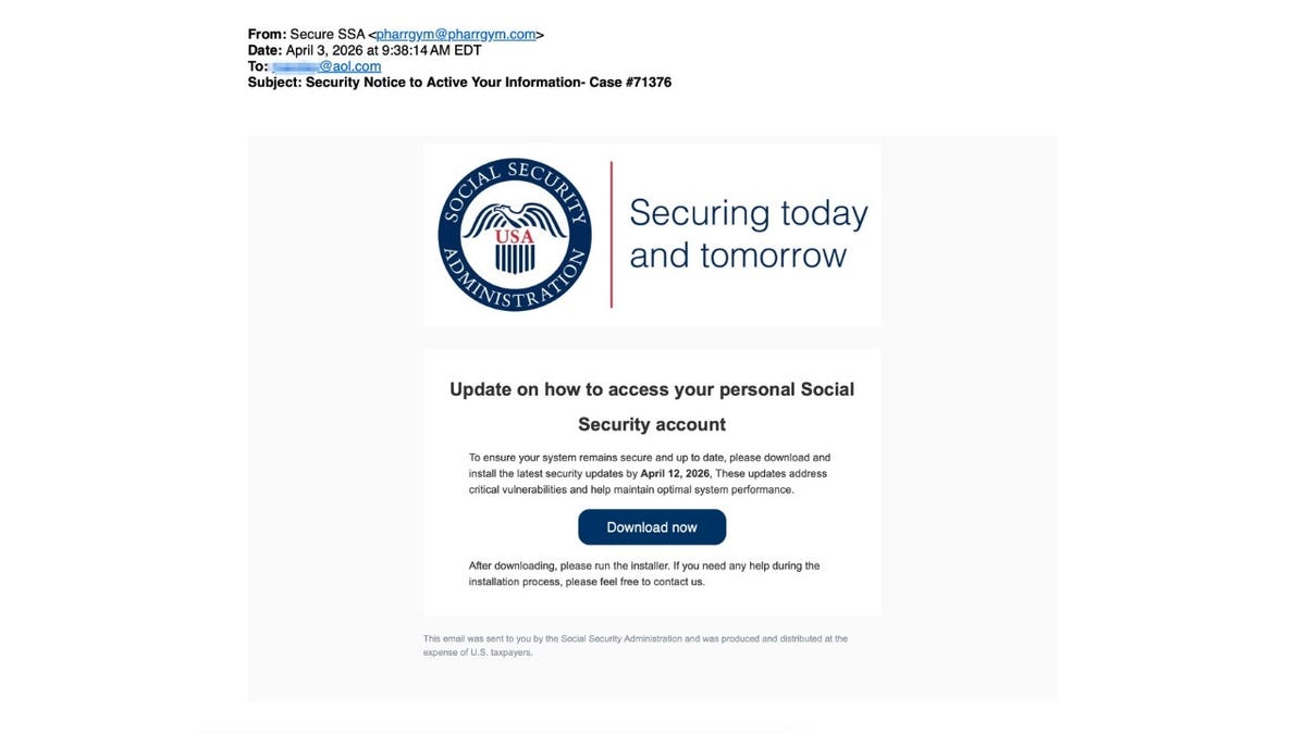 A fake email claims to be from the Social Security Administration.