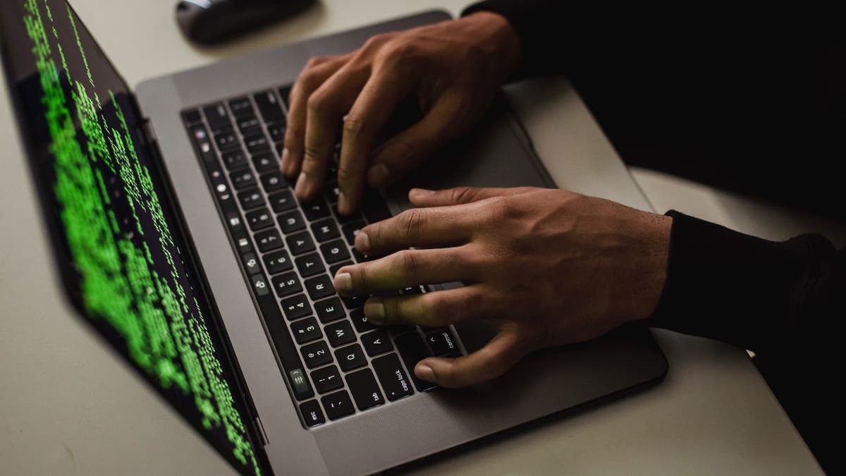 Illustration of hacker with digital data background.
