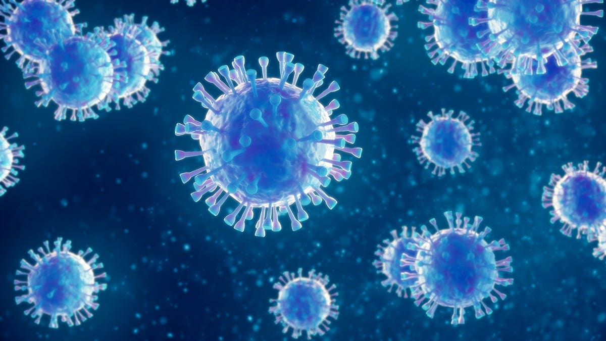 A 3D illustration of a virus with spike proteins