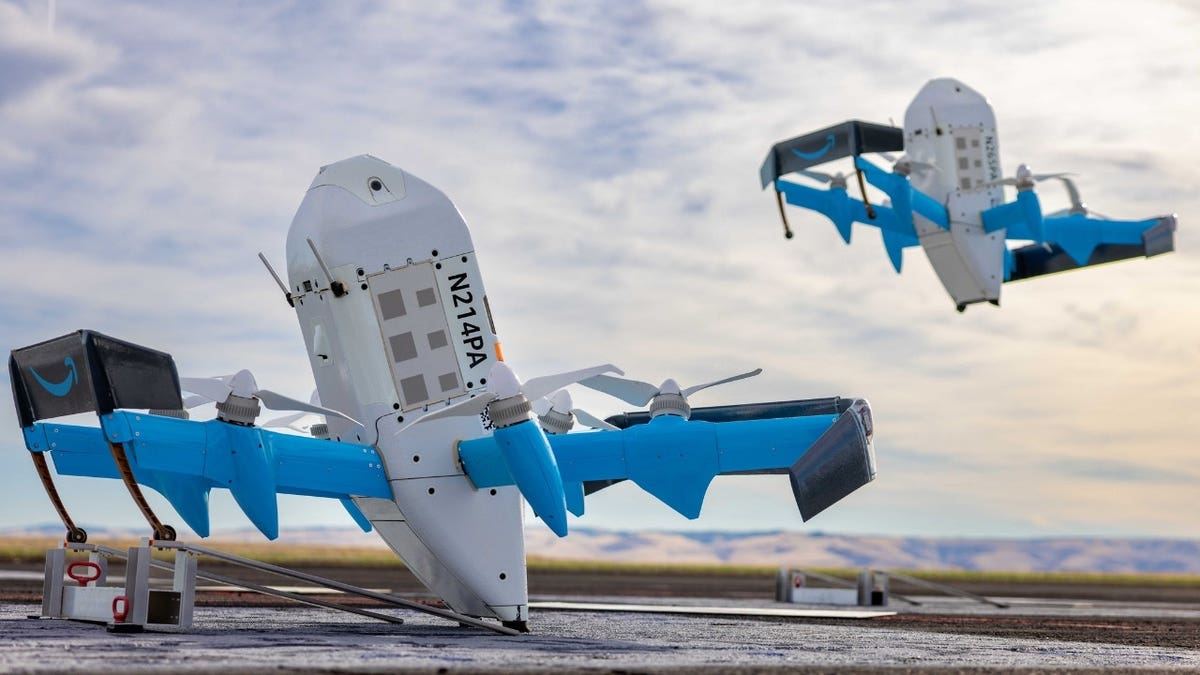 Amazon Prim Air drones taking off.