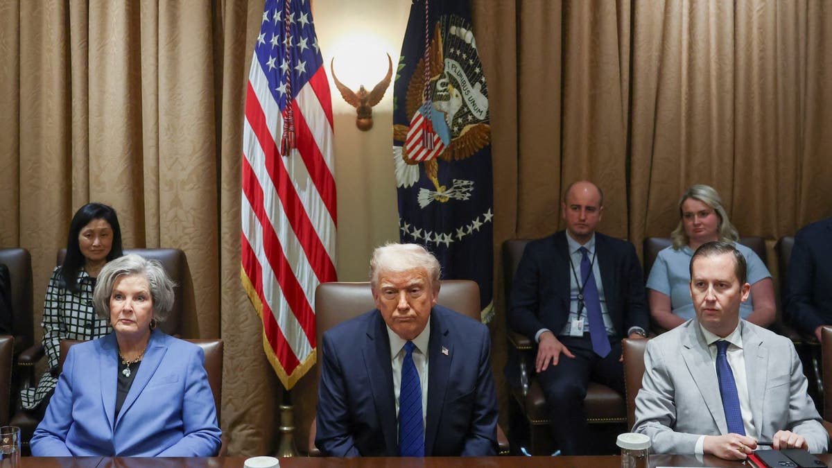 U.S. President Donald Trump reacts as Director Presidential Personnel Office Sergio Gor and White House Chief of Staff Susie Wiles sit next to him on the day of a meeting with U.S. ambassadors at the White House in Washington, D.C., U.S., March 25, 2025. REUTERS/Evelyn Hockstein