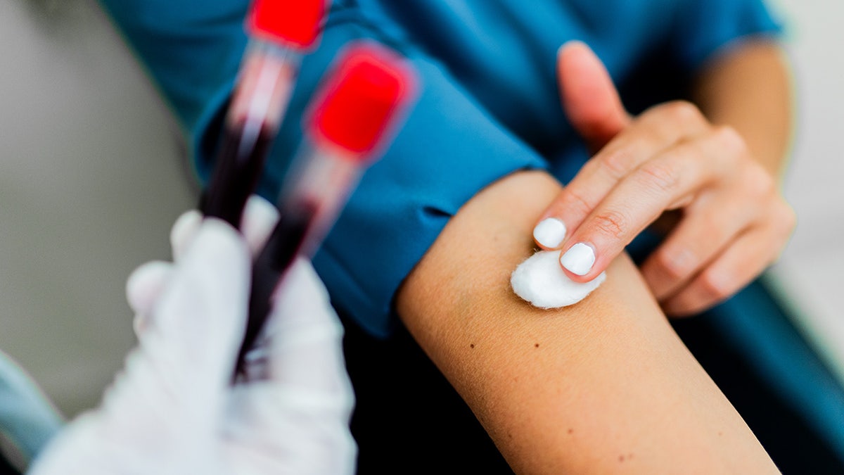 Close-up of patient woman after blood test