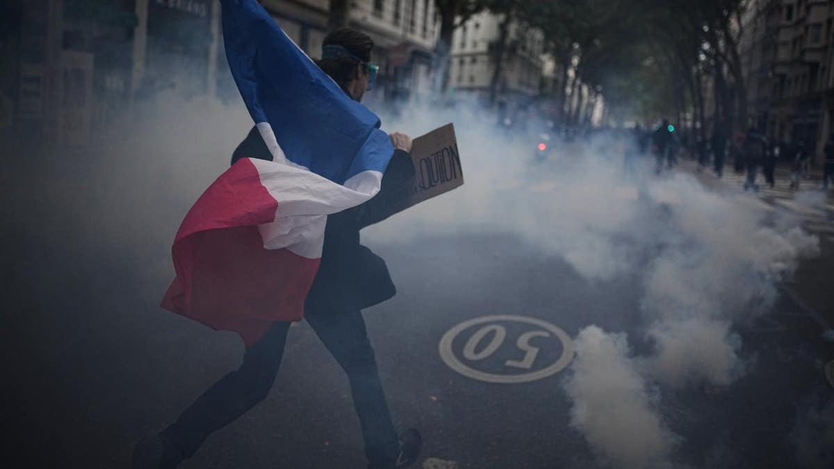 A protestor holding a French flag and a sign moves through tear gas during a protest in Lyon, France.