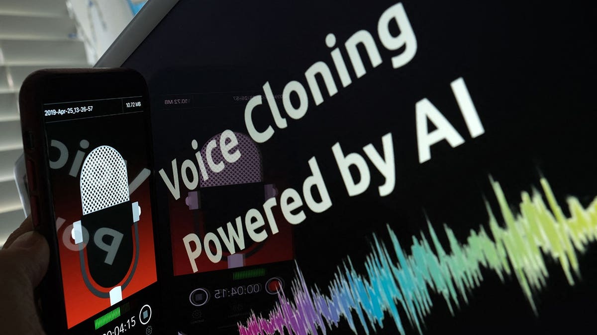 Smartphone recording in front of voice cloning screen in Los Angeles.