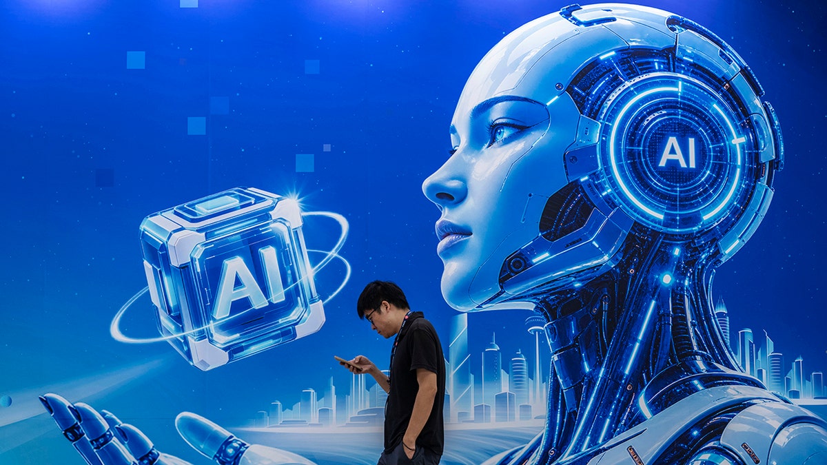 A man walks past an AI billboard